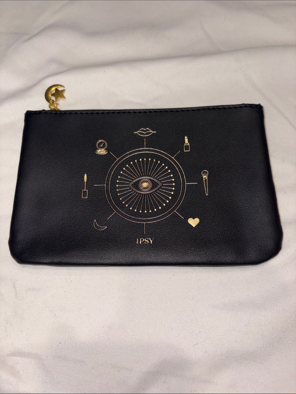 ipsy Black Cosmetic Pouch with Gold Celestial and Beauty Icons